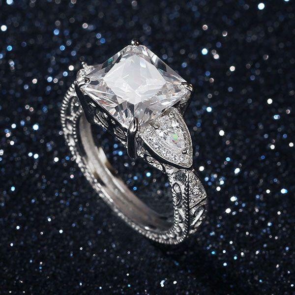 Filigree Three Stone Created White Sapphire Engagement Ring - Sterling Silver