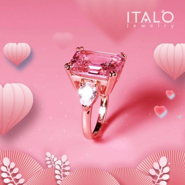 Pink Three Stone Engagement Ring - 925 Sterling Silver, Multiple Finishes