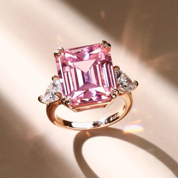 Pink Three Stone Engagement Ring - 925 Sterling Silver, Multiple Finishes