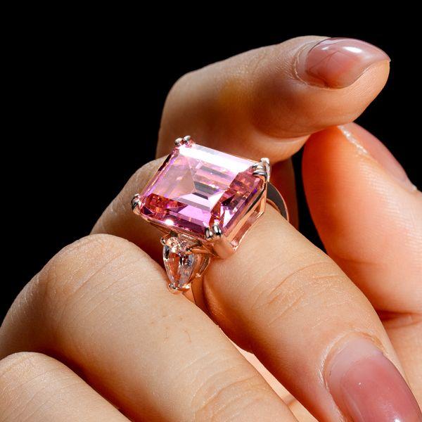 Pink Three Stone Engagement Ring - 925 Sterling Silver, Multiple Finishes