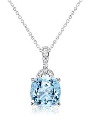 Cushion & Round Cut Aquamarine Pendant Necklace in Rhodium Plated Sterling Silver
