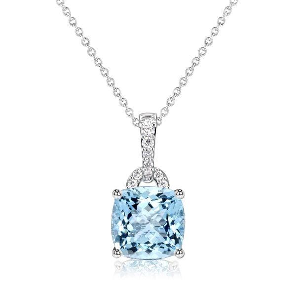 Cushion & Round Cut Aquamarine Pendant Necklace in Rhodium Plated Sterling Silver