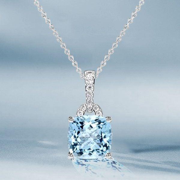 Cushion & Round Cut Aquamarine Pendant Necklace in Rhodium Plated Sterling Silver