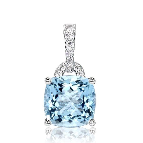 Cushion & Round Cut Aquamarine Pendant Necklace in Rhodium Plated Sterling Silver