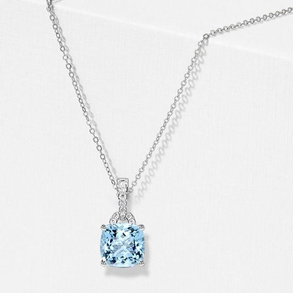 Cushion & Round Cut Aquamarine Pendant Necklace in Rhodium Plated Sterling Silver