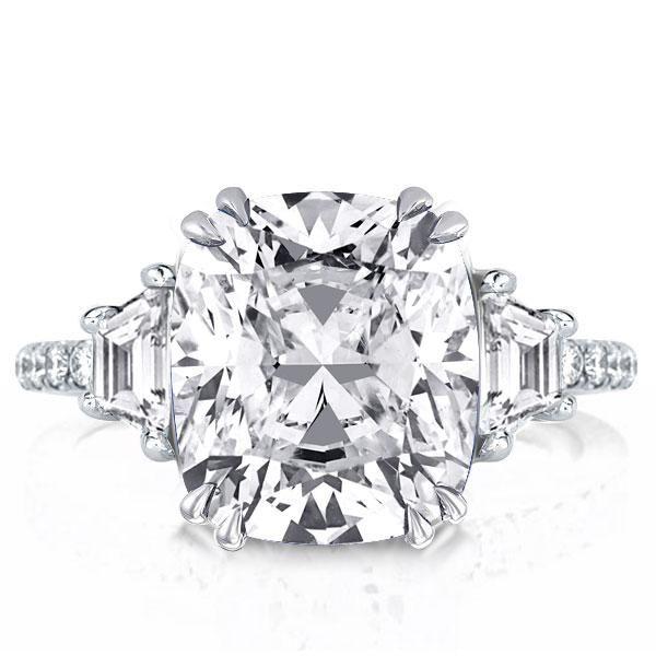 Three Stone Cushion Cut Engagement Ring - Sterling Silver, 6 Carat Center
