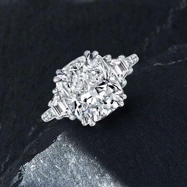 Three Stone Cushion Cut Engagement Ring - Sterling Silver, 6 Carat Center