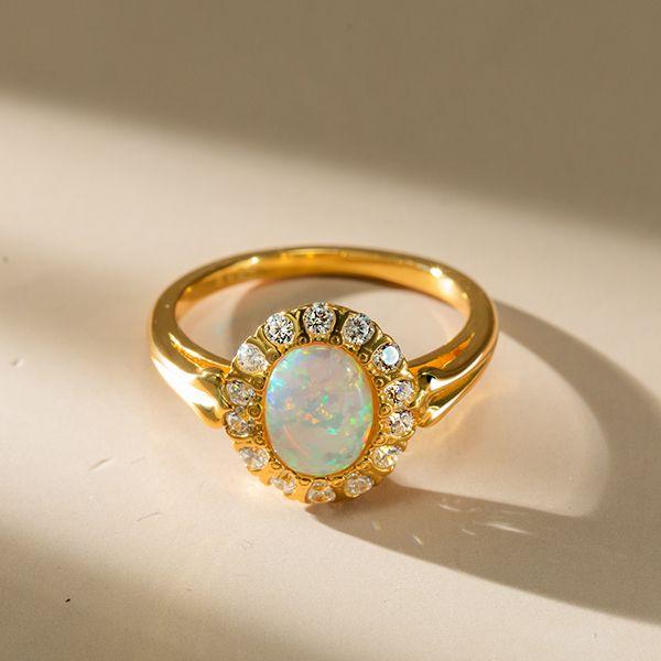 Milgrain Opal Halo Engagement Ring - 925 Sterling Silver Vintage Style
