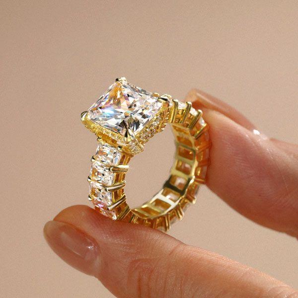 Golden Radiant Eternity Created White Sapphire Engagement Ring - 18K Gold Plated Sterling Silver