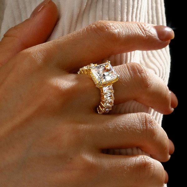 Golden Radiant Eternity Created White Sapphire Engagement Ring - 18K Gold Plated Sterling Silver