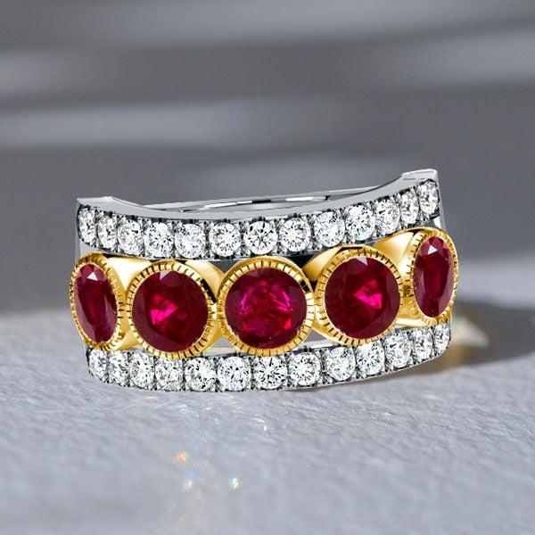 Milgrain Ruby Round Multi-Row Half Eternity Wedding Band in Sterling Silver