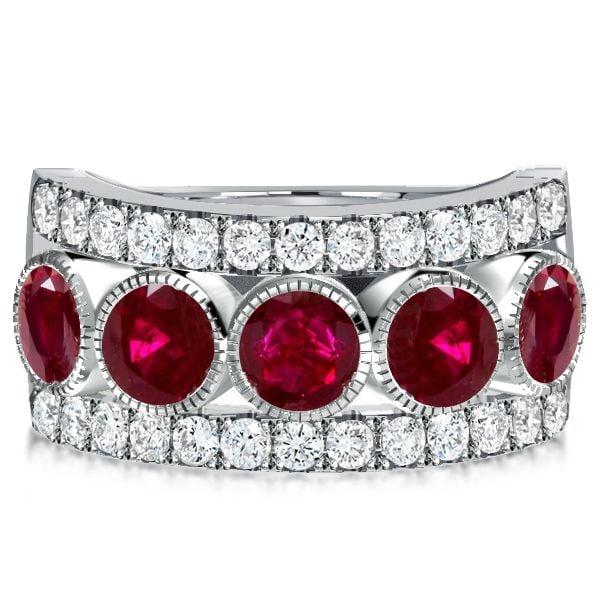 Milgrain Ruby Round Multi-Row Half Eternity Wedding Band in Sterling Silver