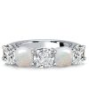 Five Stone Cushion Cut White Sapphire and Opal Wedding Band in Rhodium Plated Sterling Silver