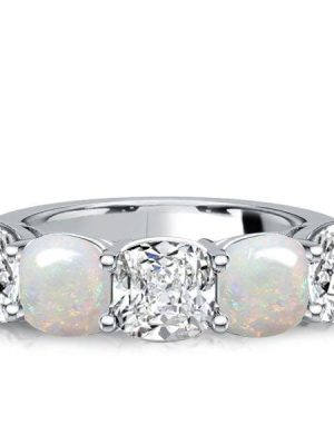 Five Stone Cushion Cut White Sapphire and Opal Wedding Band in Rhodium Plated Sterling Silver