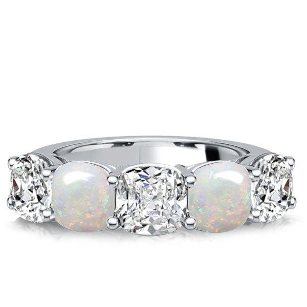 Five Stone Cushion Cut White Sapphire and Opal Wedding Band in Rhodium Plated Sterling Silver