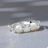 Five Stone Cushion Cut White Sapphire and Opal Wedding Band in Rhodium Plated Sterling Silver