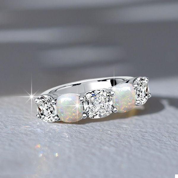 Five Stone Cushion Cut White Sapphire and Opal Wedding Band in Rhodium Plated Sterling Silver