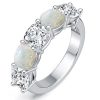 Five Stone Cushion Cut White Sapphire and Opal Wedding Band in Rhodium Plated Sterling Silver