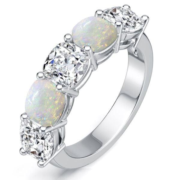 Five Stone Cushion Cut White Sapphire and Opal Wedding Band in Rhodium Plated Sterling Silver