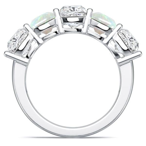Five Stone Cushion Cut White Sapphire and Opal Wedding Band in Rhodium Plated Sterling Silver