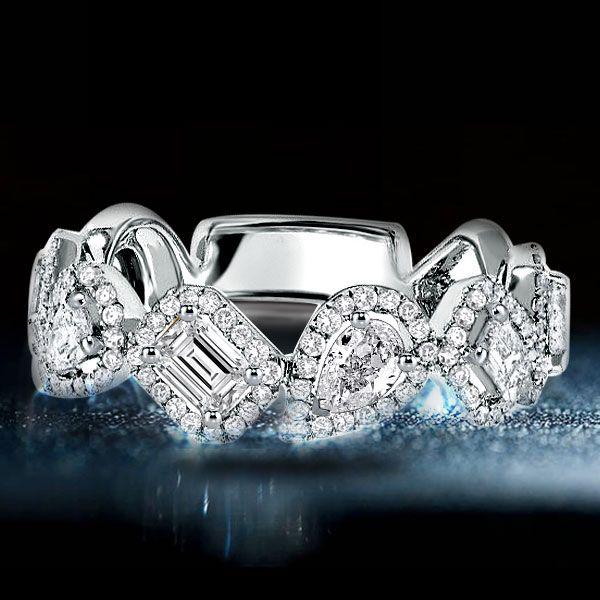 Emerald & Pear Halo Wedding Band in Sterling Silver - Bridal Ring