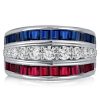 Triple Row Blue Sapphire and Ruby Wedding Band in 925 Sterling Silver
