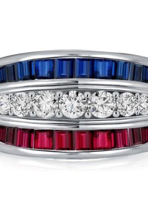 Triple Row Blue Sapphire and Ruby Wedding Band in 925 Sterling Silver
