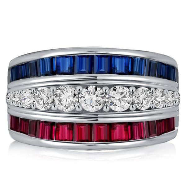 Triple Row Blue Sapphire and Ruby Wedding Band in 925 Sterling Silver