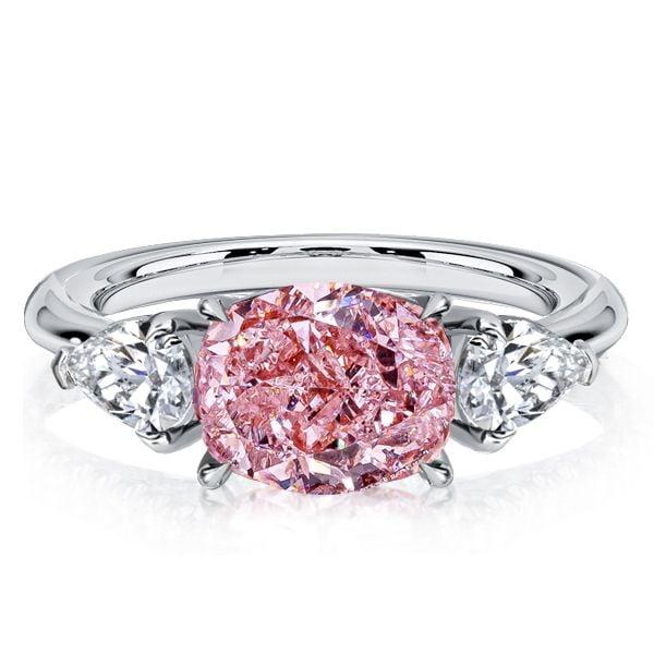 3 Stone Pink Stone Pear Cut & Cushion Cut Engagement Ring in Rhodium Plated Sterling Silver