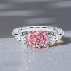 3 Stone Pink Stone Pear Cut & Cushion Cut Engagement Ring in Rhodium Plated Sterling Silver