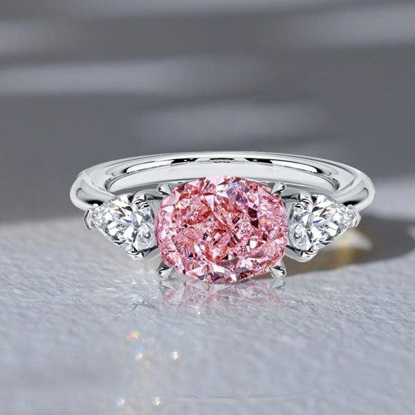 3 Stone Pink Stone Pear Cut & Cushion Cut Engagement Ring in Rhodium Plated Sterling Silver