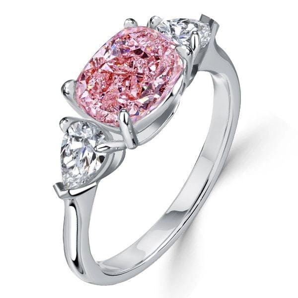 3 Stone Pink Stone Pear Cut & Cushion Cut Engagement Ring in Rhodium Plated Sterling Silver