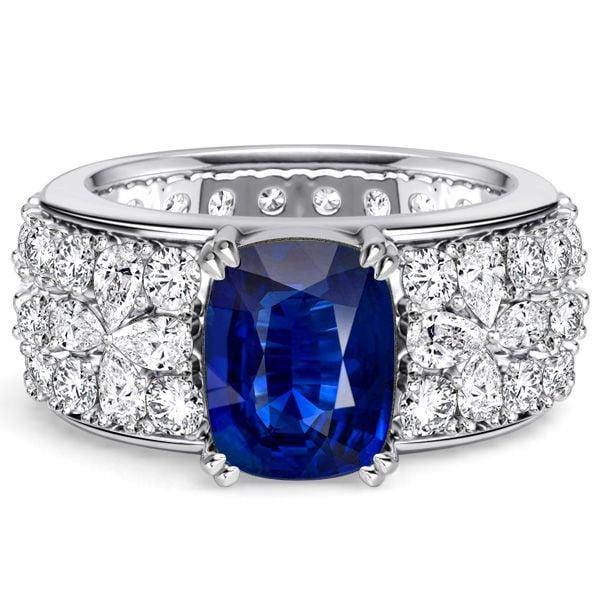 Sterling Silver Pear Cut Blue Sapphire Floral Engagement Ring with 7.94 CTW