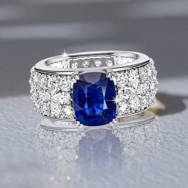 Sterling Silver Pear Cut Blue Sapphire Floral Engagement Ring with 7.94 CTW