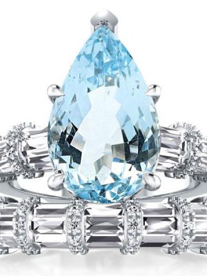 Pear Cut Aquamarine Engagement Ring Set - 925 Sterling Silver