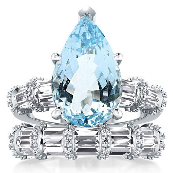 Pear Cut Aquamarine Engagement Ring Set - 925 Sterling Silver