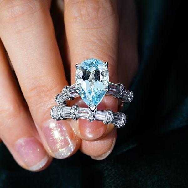 Pear Cut Aquamarine Engagement Ring Set - 925 Sterling Silver