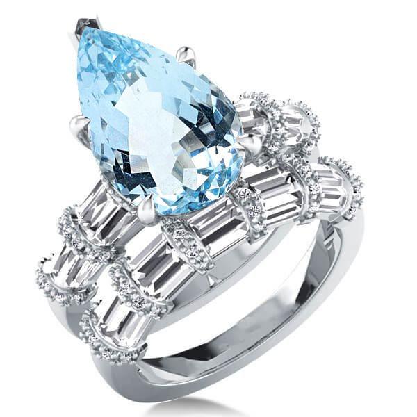 Pear Cut Aquamarine Engagement Ring Set - 925 Sterling Silver