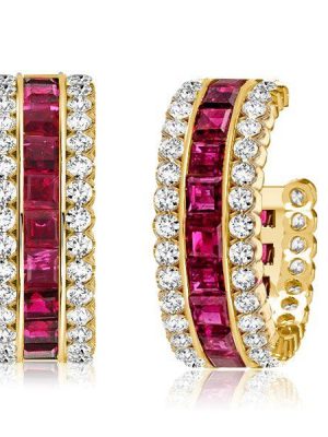 Ruby Hoop Earrings for Women - Invisible Setting, 18K Gold Plated Sterling Silver