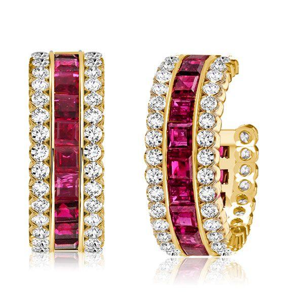 Ruby Hoop Earrings for Women - Invisible Setting, 18K Gold Plated Sterling Silver