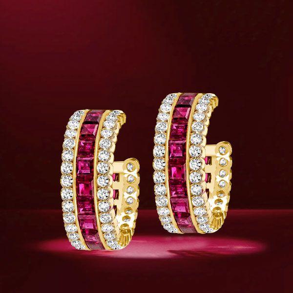 Ruby Hoop Earrings for Women - Invisible Setting, 18K Gold Plated Sterling Silver