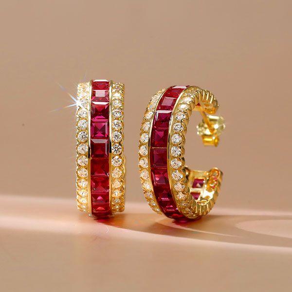 Ruby Hoop Earrings for Women - Invisible Setting, 18K Gold Plated Sterling Silver