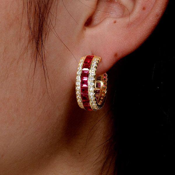 Ruby Hoop Earrings for Women - Invisible Setting, 18K Gold Plated Sterling Silver