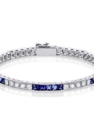 Blue & White Sapphire Princess Cut Sterling Silver Bracelet - Wedding Jewelry
