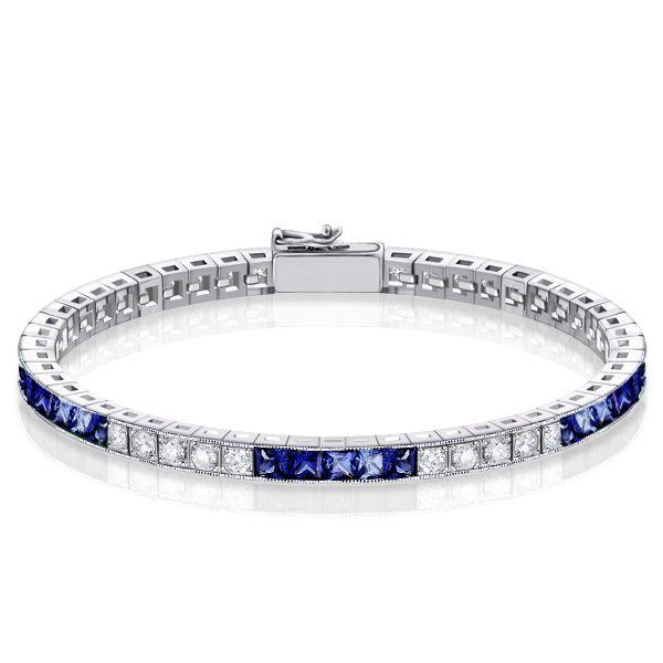 Blue & White Sapphire Princess Cut Sterling Silver Bracelet - Wedding Jewelry