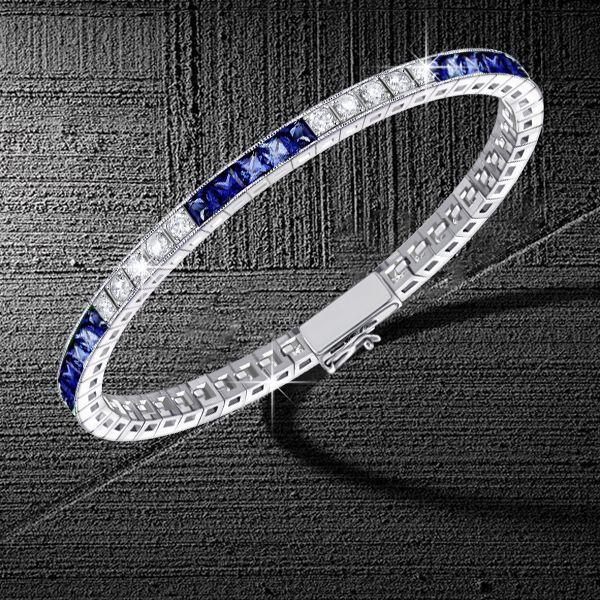Blue & White Sapphire Princess Cut Sterling Silver Bracelet - Wedding Jewelry