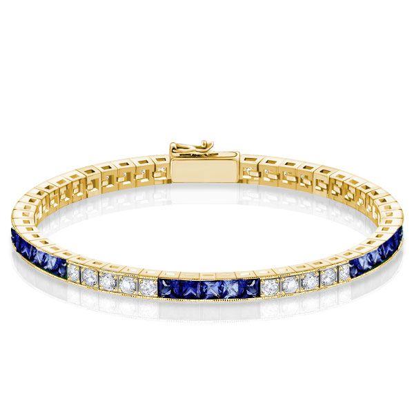 Blue & White Sapphire Princess Cut Sterling Silver Bracelet - Wedding Jewelry