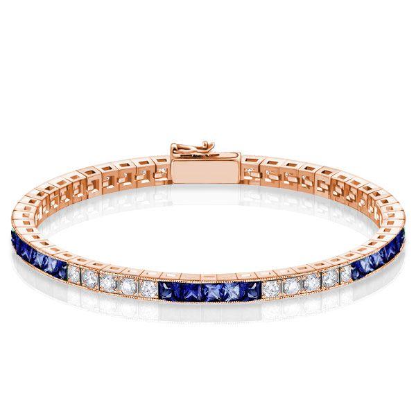 Blue & White Sapphire Princess Cut Sterling Silver Bracelet - Wedding Jewelry