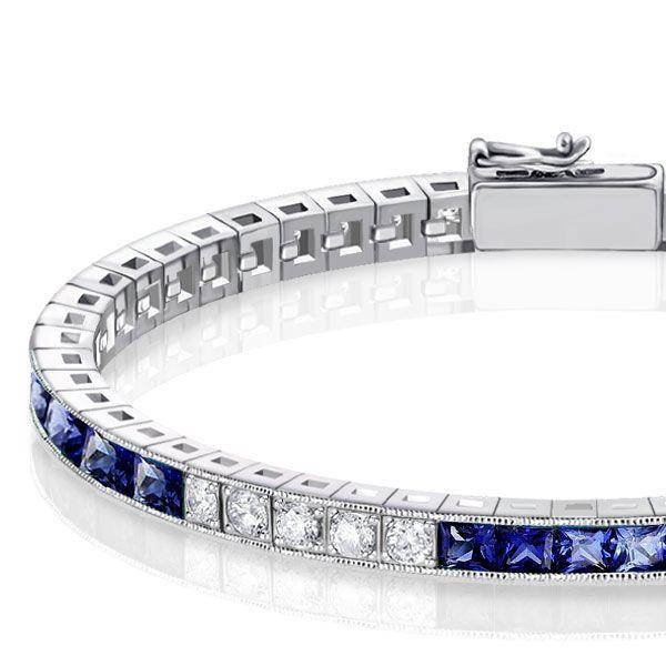 Blue & White Sapphire Princess Cut Sterling Silver Bracelet - Wedding Jewelry
