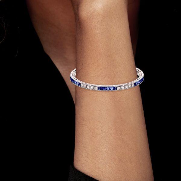 Blue & White Sapphire Princess Cut Sterling Silver Bracelet - Wedding Jewelry